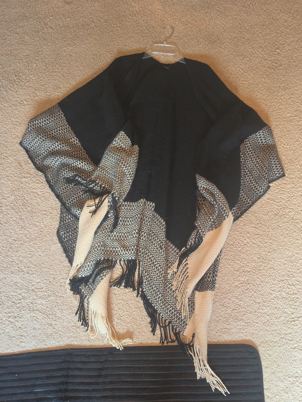 Black and Cream Fringe Poncho Sweater